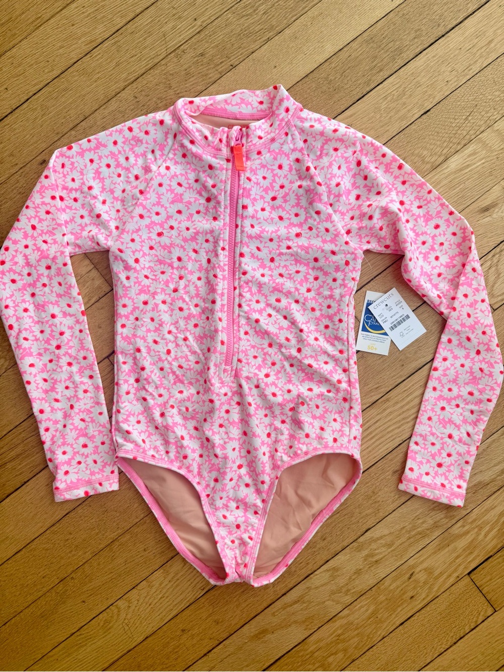 Crewcuts Pink Floral Long-Sleeve One-Piece Swimsuit Rashguard Size 8 NWT